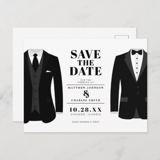 Herr & Mr. Modern Black Wedding Tux - Save the Dat Postkarte (Vorne/Hinten)