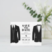 Herr & Mr. Modern Black Wedding Tux - Save the Dat Postkarte (Stehend Vorderseite)