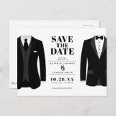 Herr & Mr. Modern Black Wedding Tux - Save the Dat Postkarte (Vorne/Hinten)