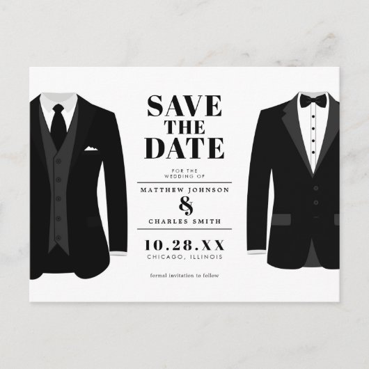 Herr & Mr. Modern Black Wedding Tux - Save the Dat Postkarte (Vorderseite)