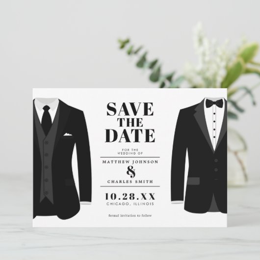 Herr & Mr. Modern Black Wedding Tux - Save the Dat Save The Date (Stehend Vorderseite)