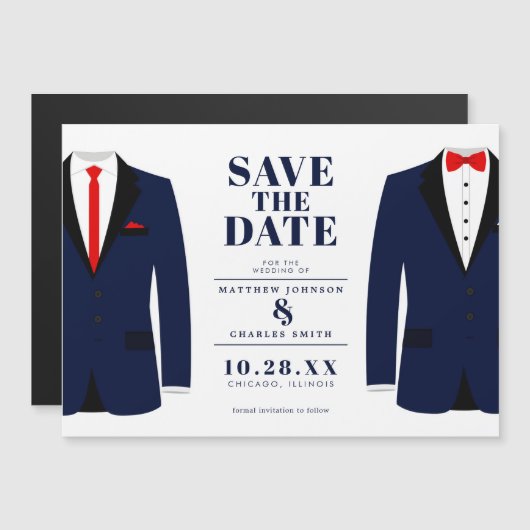 Herr & Mr. Modern Wedding Navy Tux - Magneteinladung (Vorne/Hinten)