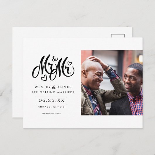 Herr & Mr. Script - Save the Date mit Foto Postkarte (Vorne/Hinten)