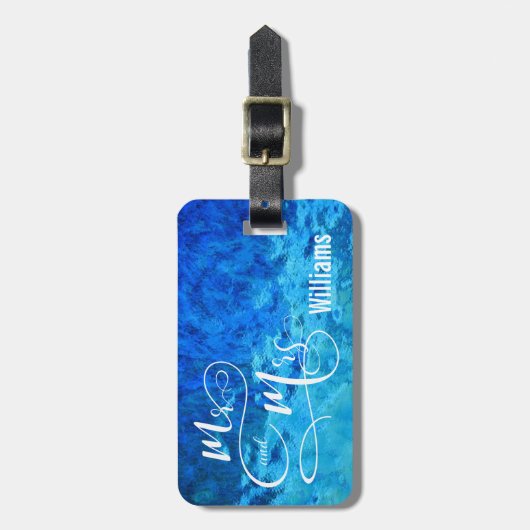 Herr & Mrs. auf blauem Glas Gepäckanhänger (Vorderseite vertikal)