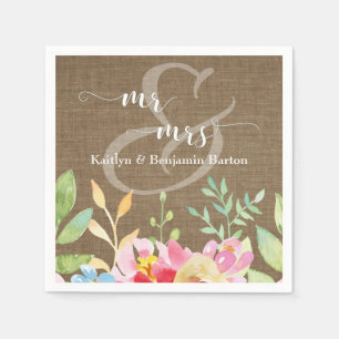 Herr & Mrs. Colorful Watercolor Blume über Burlap Serviette