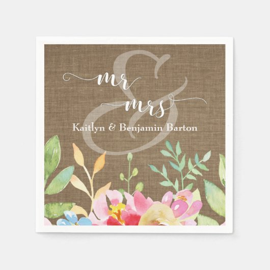 Herr & Mrs. Colorful Watercolor Blume über Burlap Serviette (Vorderseite)