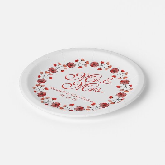 Herr & Mrs. Elegant Floral Wedding Paper Plate Pappteller (Schrägansicht)