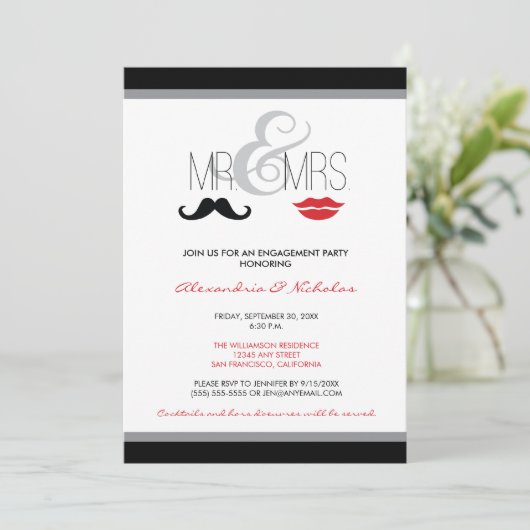 Herr & Mrs. Engagement Party Invitation (schwarz) Einladung (Stehend Vorderseite)