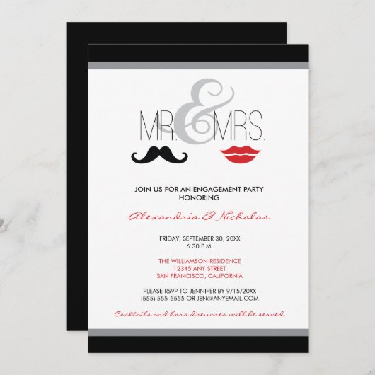 Herr & Mrs. Engagement Party Invitation (schwarz) Einladung (Vorne/Hinten)