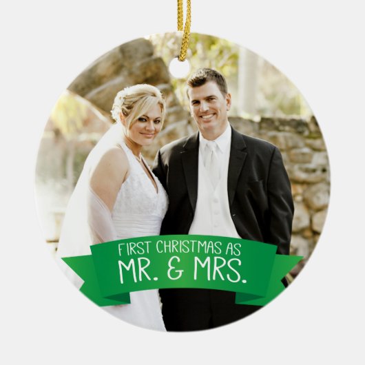 Herr & Mrs. First Christmas Foto Green Keramik Ornament (Vorne)