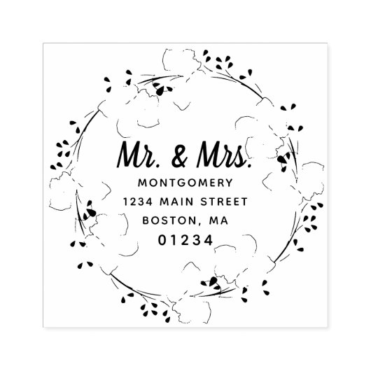 Herr & Mrs Floral Modern Script Rücksendeadresse Gummistempel (Prägung)