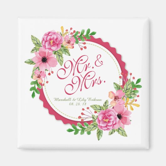 Herr & Mrs. Floral Watercolor Wedding | Magnet (Vorne)