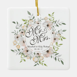 Herr & Mrs. Floral Watercolor Wedding   Ornament