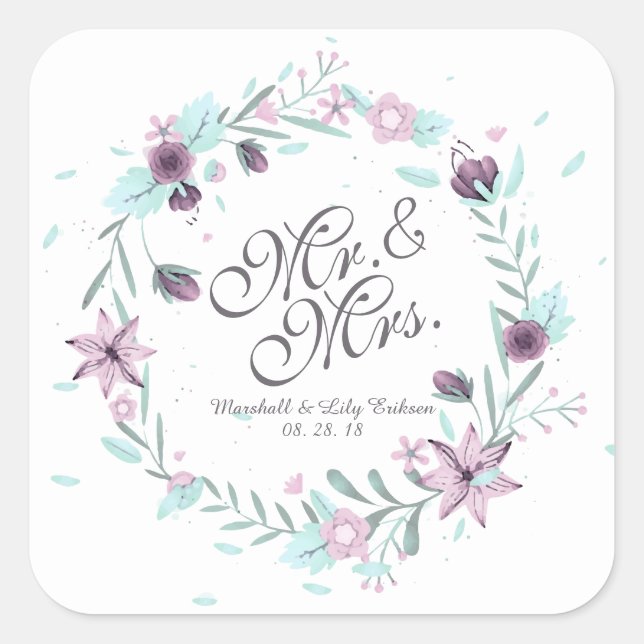 Herr & Mrs Floral Watercolor Wedding Sticker Siege (Vorderseite)