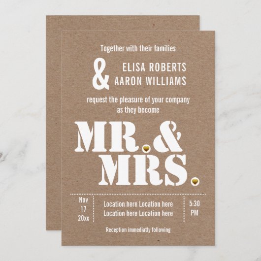 Herr & Mrs. Modern typography kraft paper wedding Einladung (Vorne/Hinten)