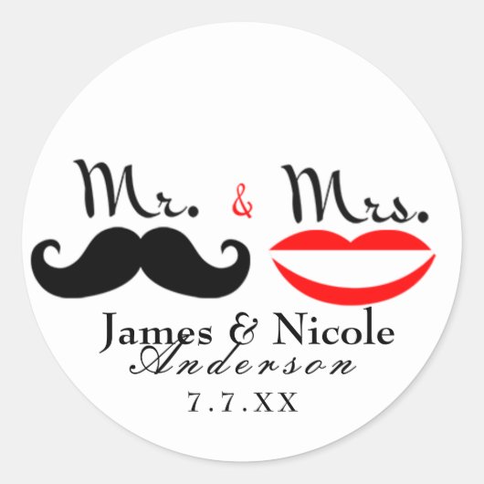 Herr & Mrs. Retro Mustache Lips Wedding Sticker (Vorderseite)