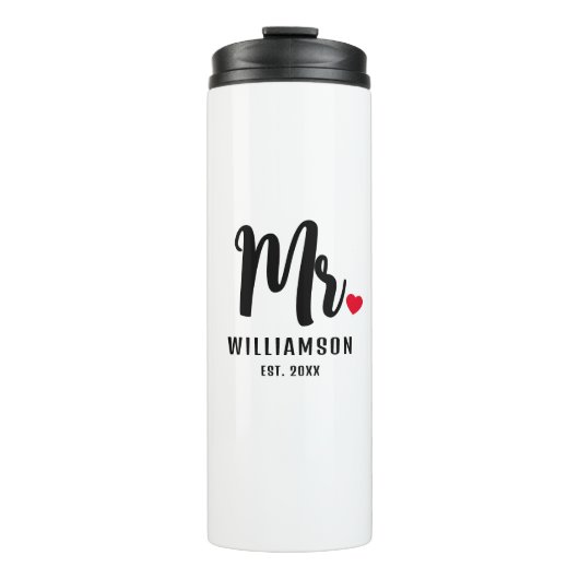 Herr & Mrs. Script Personalisiert Name Monogram He Thermosbecher (Vorderseite)