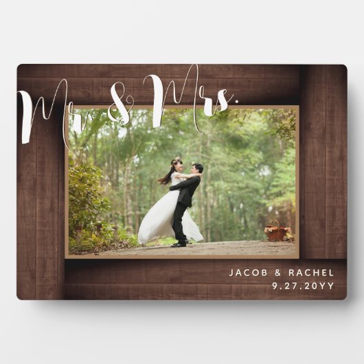 Herr & Mrs. Script Rustic Wedding Foto Frame Fotoplatte (Vorderseite)