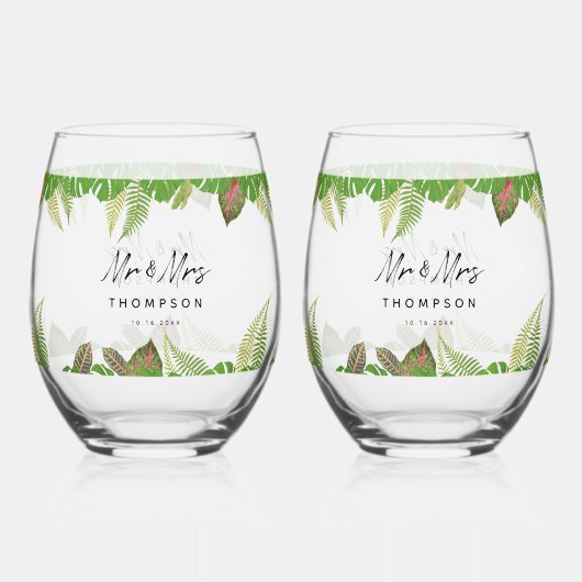 Herr & Mrs. Tropical Blätter Script Wedding Gift Weinglas Ohne Stiel (Rückseite)