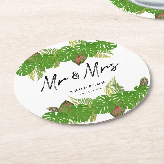 Herr & Mrs. Tropical Blätter Script Wedding Runder Pappuntersetzer (Angewinkelt)