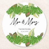 Herr & Mrs. Tropical Blätter Script Wedding Runder Pappuntersetzer (Vorderseite)