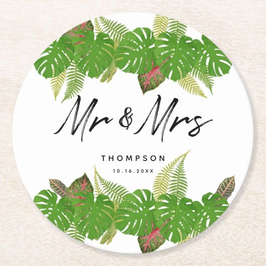 Herr & Mrs. Tropical Blätter Script Wedding Runder Pappuntersetzer (Vorderseite)