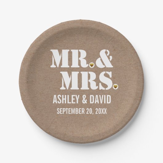 Herr & Mrs. typography rustic kraft wedding Pappteller (Vorderseite)