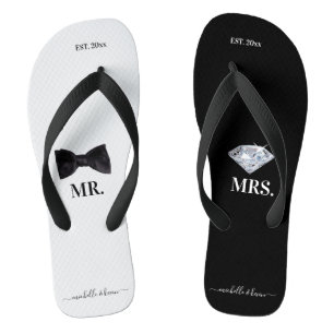 Herr & Mrs Wedding Black & White Badesandalen
