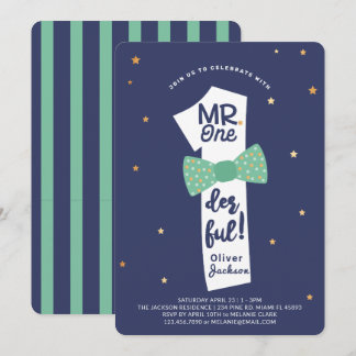 Herr One derful Bowtie Navy & Green 1. Geburtstag Einladung