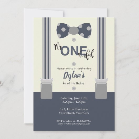 Herr One derful Marine and gray bow Krawatte Einladung (Vorderseite)