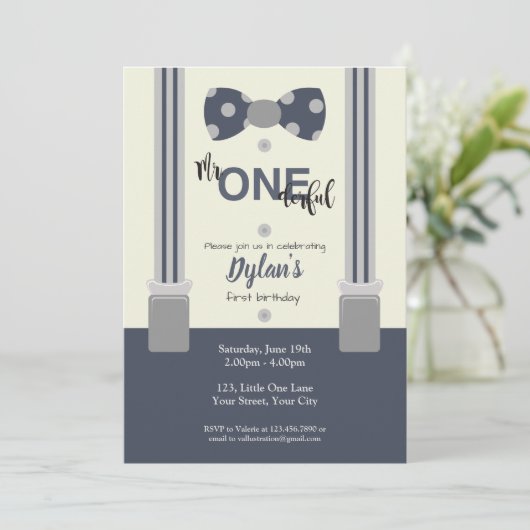 Herr One derful Marine and gray bow Krawatte Einladung (Stehend Vorderseite)