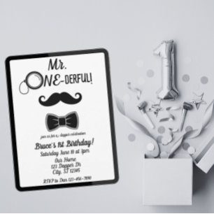 Herr ONE-derful mustache and bowtie 1. Geburtstag Einladung