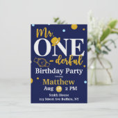 Herr One-derful Navy and Gold Birthday Party Invit Einladung (Stehend Vorderseite)