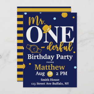 Herr One-derful Navy and Gold Birthday Party Invit Einladung