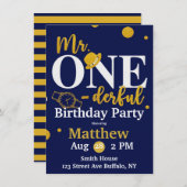 Herr One-derful Navy and Gold Birthday Party Invit Einladung (Vorne/Hinten)