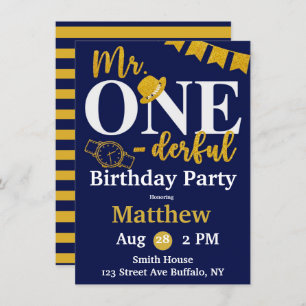 Herr One-derful Navy and Gold Birthday Party Invit Einladung