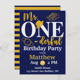 Herr One-derful Navy and Gold Birthday Party Invit Einladung