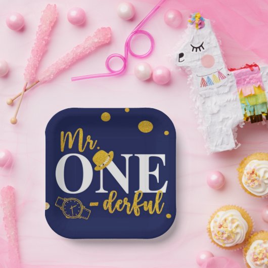 Herr One-derful Navy Blue and Gold Birthday Party Pappteller (Party)