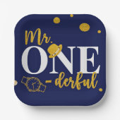 Herr One-derful Navy Blue and Gold Birthday Party Pappteller (Vorderseite)