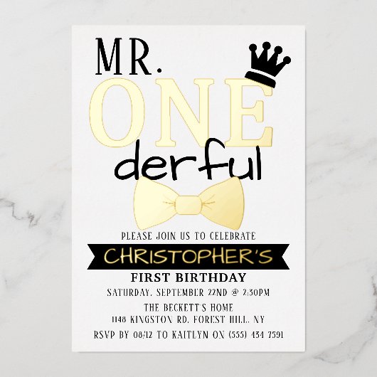 Herr ONEderful 1st Birthday Real Folieneinladung (Vorderseite)