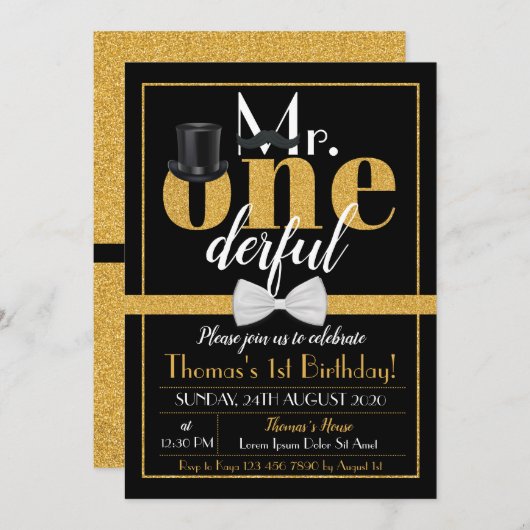 Herr Onederful Birthday Einladung Black & Gold (Vorne/Hinten)