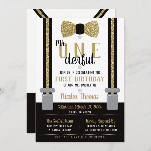 Herr ONEderful Birthday Einladung, Black, Gold Einladung (Vorne/Hinten)