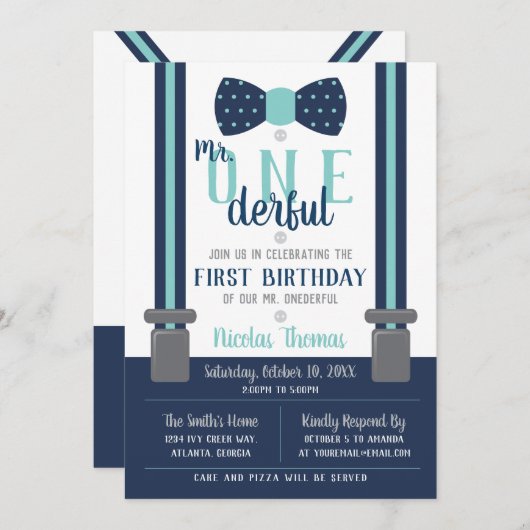 Herr ONEderful Birthday Invitation, Blue, Gray Einladung (Vorne/Hinten)