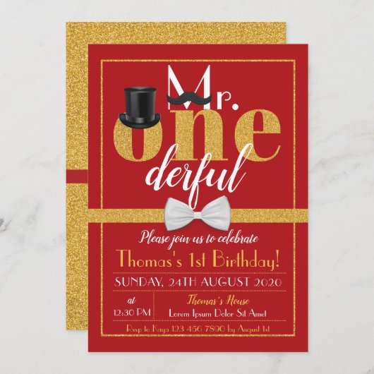 Herr Onederful Birthday Invitation Red & Gold Einladung (Vorne/Hinten)