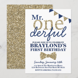 Herr Onederful Blue and Gold Erstgeburtstag Einlad Einladung