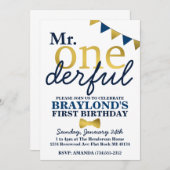 Herr Onederful Blue & Gold 1. Geburtstag Einladung (Vorne/Hinten)