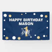 Herr Onederful First Birthday Boy Navy Blue Gold Banner (Horizontal)