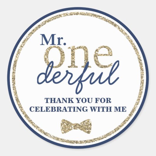 Herr Onederful First Birthday Gold and Blue Runder Aufkleber (Vorderseite)