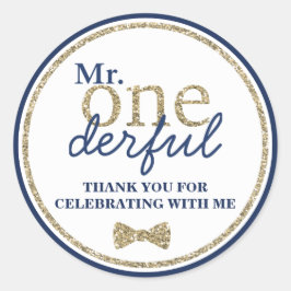 Herr Onederful First Birthday Gold and Blue Runder Aufkleber