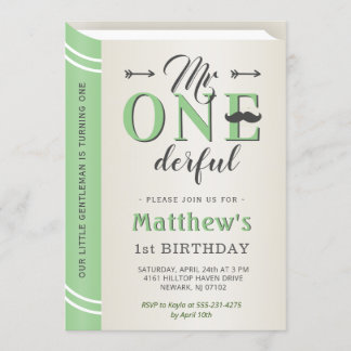Herr Onederful Green Mustache Erster Geburtstag Einladung